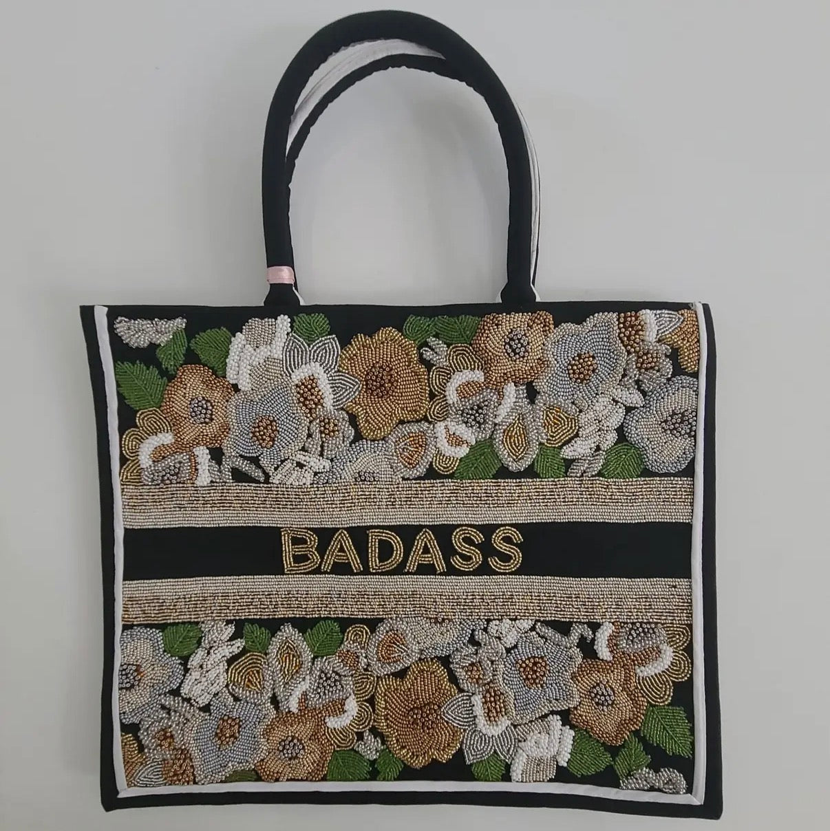 Personalized Beaded Tote- CD Raised Flowers/ Neutral