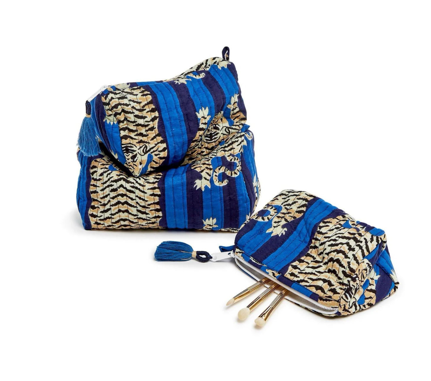 QUILTED MAKEUP BAG/COSMETIC BAG: SET OF 3-TIGER/ Dark Blue/Navy