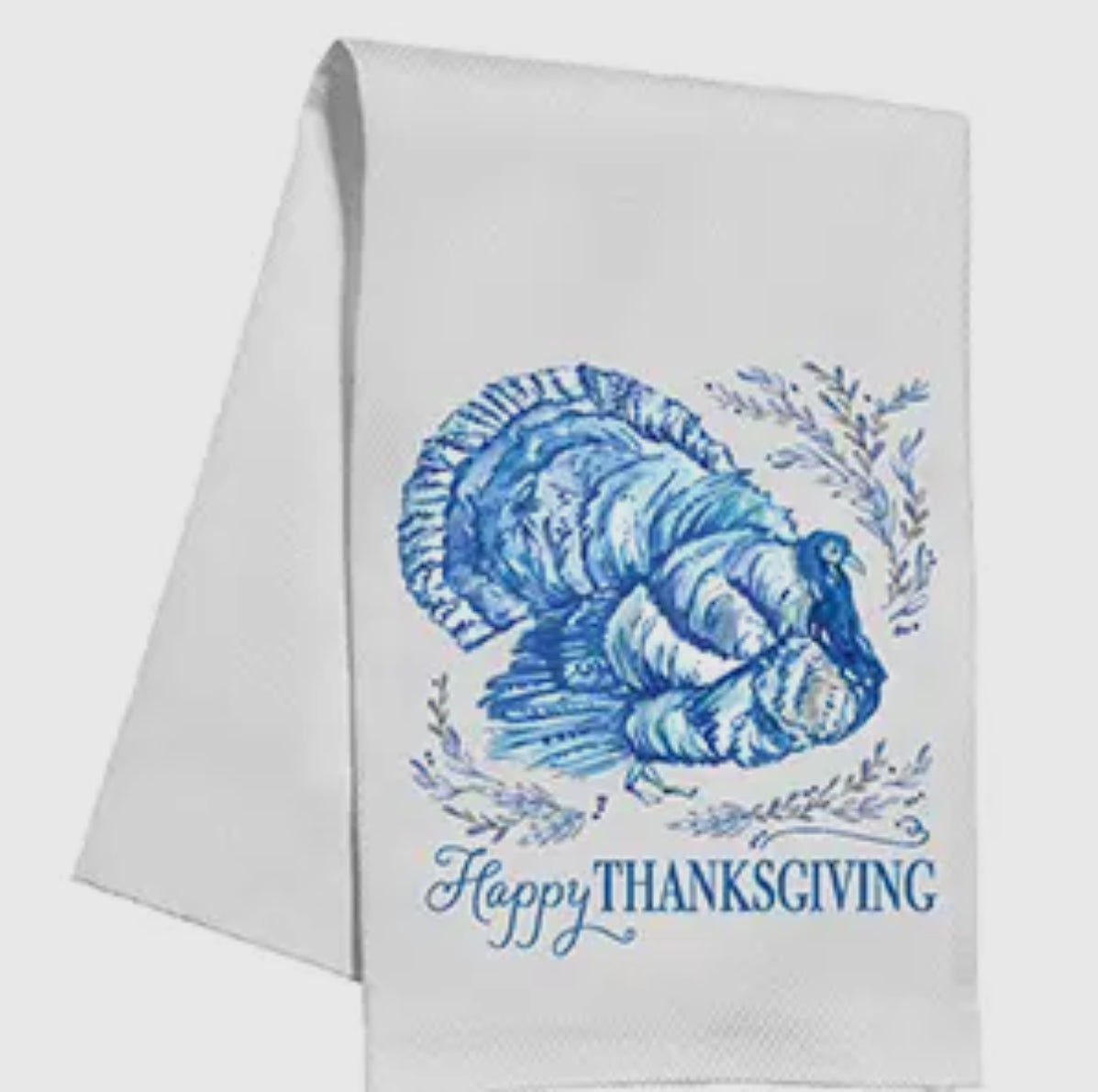 Kitchen Towel- Happy Thanksgiving Blue Chinoiserie Turkey