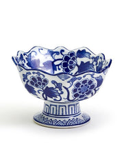 Blue and White Scalloped Edge Hand-Painted Footed Bowl - Assorted Patterns