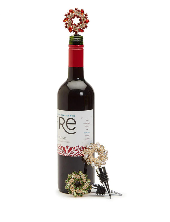 Holiday Wreath Jeweled Bottle Stopper- Red
