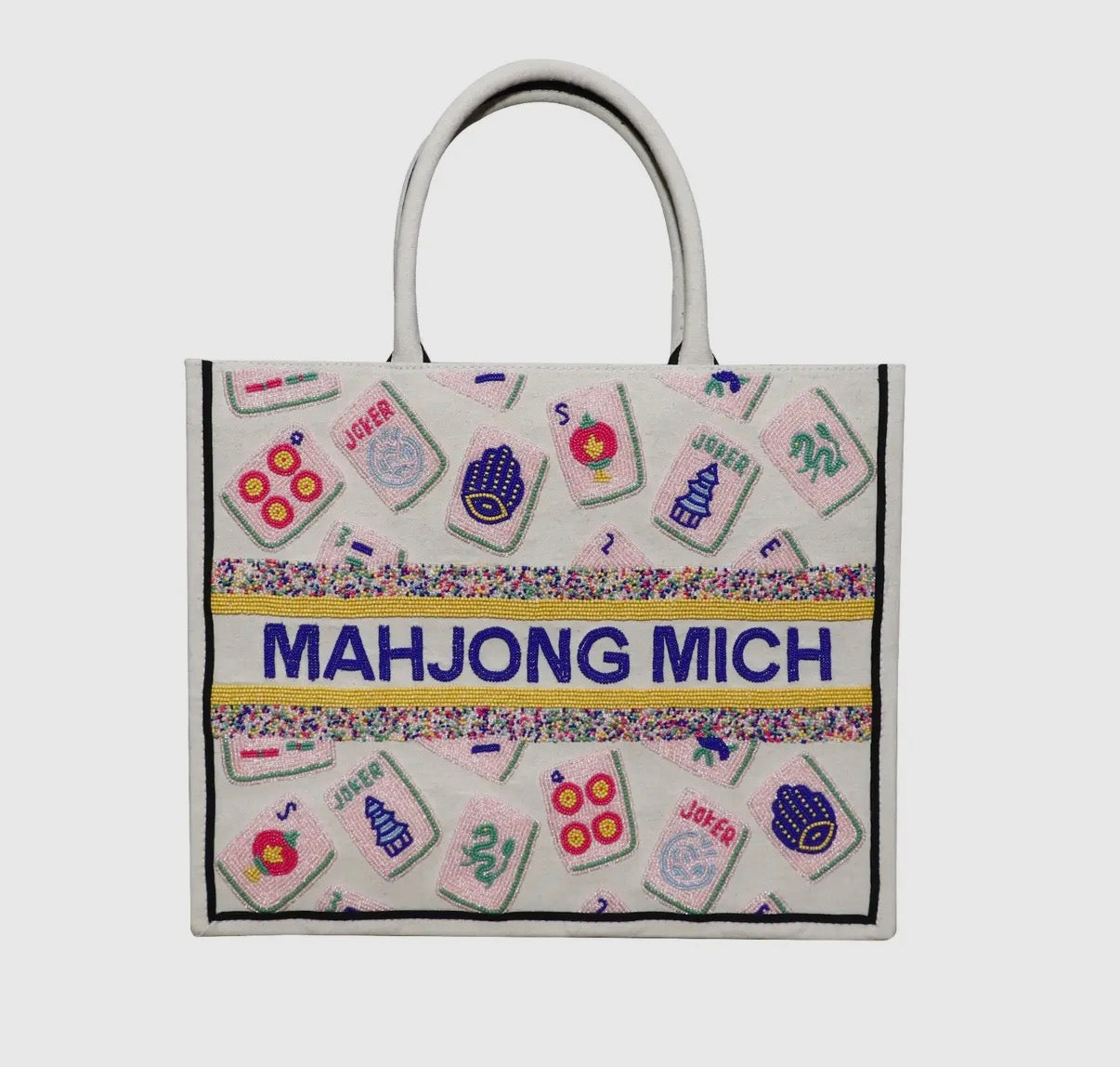 Personalized Beaded Tote- Mahjong/ Light Pink