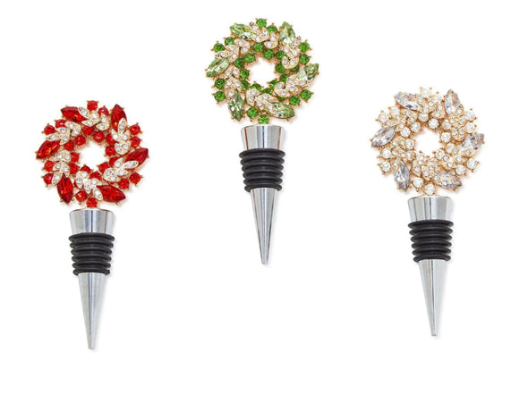 Holiday Wreath Jeweled Bottle Stopper- Crystal