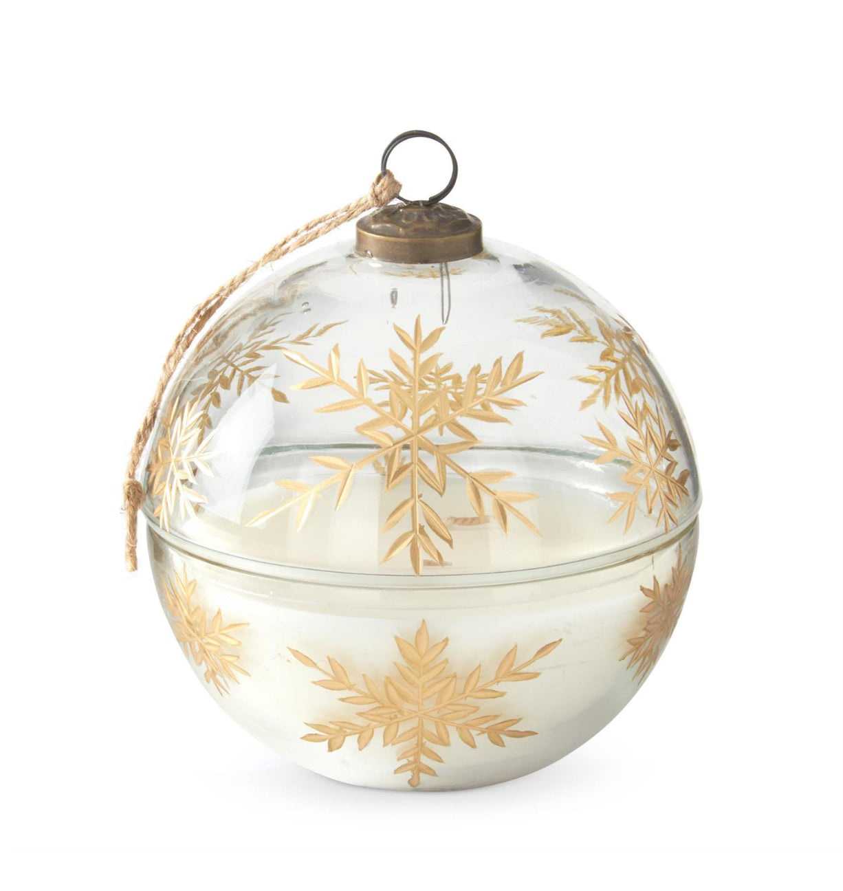 Clear Etched Gold Snowflake Filled Ornament Candle / Winter Wood
