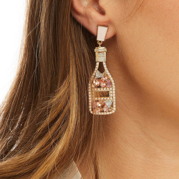 Crystal Embellished Earrings - Champagne Bottle