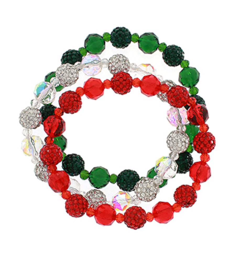 3 Row Crystal & Glass Mix Bead Bracelet Christmas