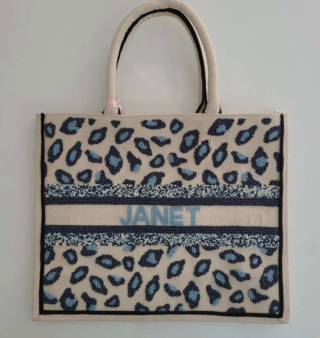Personalized Beaded Tote- Blue Leopard