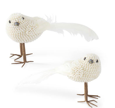 White Beaded Birds With Feather Tails (Pair)