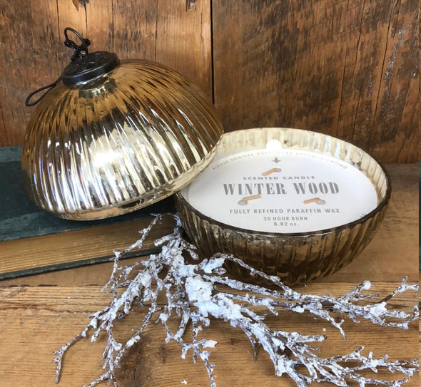 Mercury Glass  Gold Ornament Candle/ Medium- Winter Wood