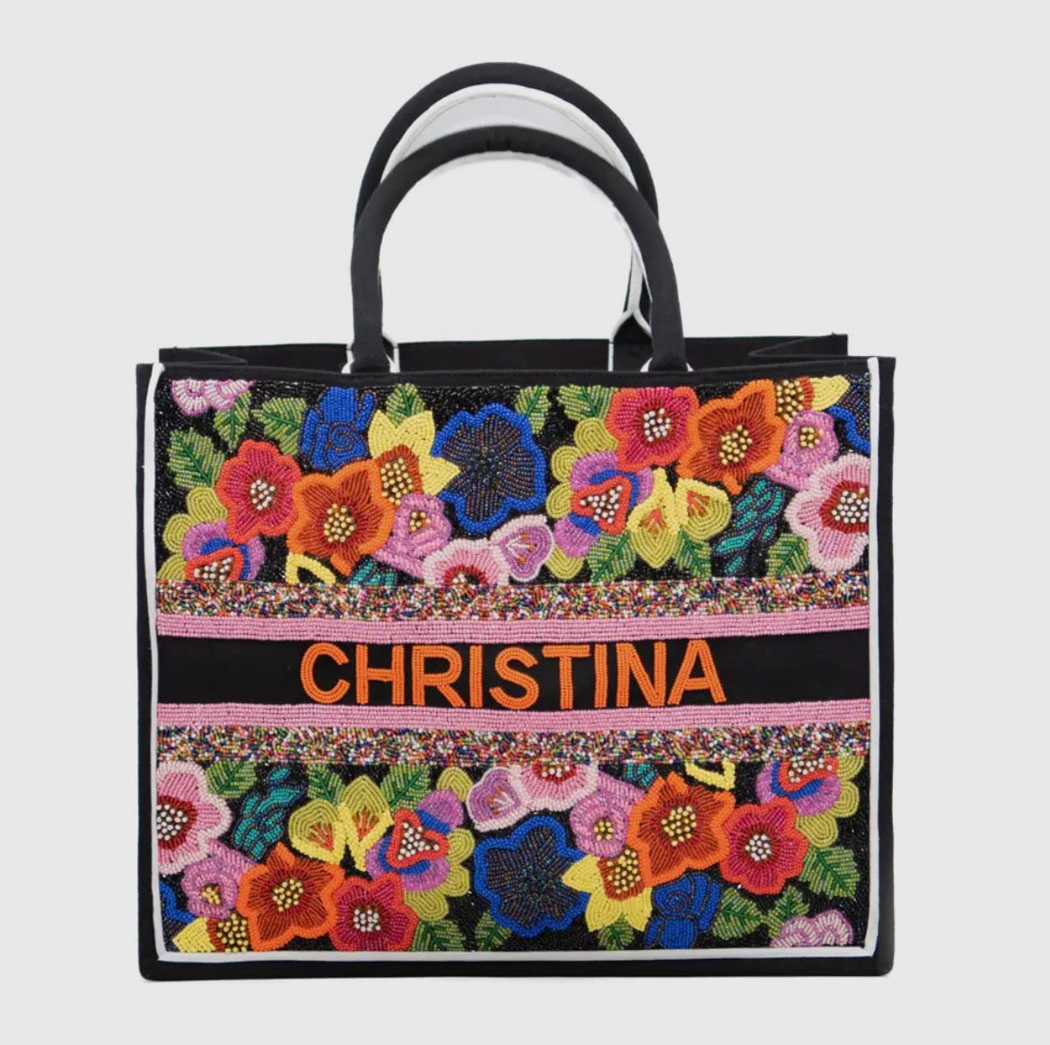 Personalized Beaded Tote- CD Raised Flowers/ Black