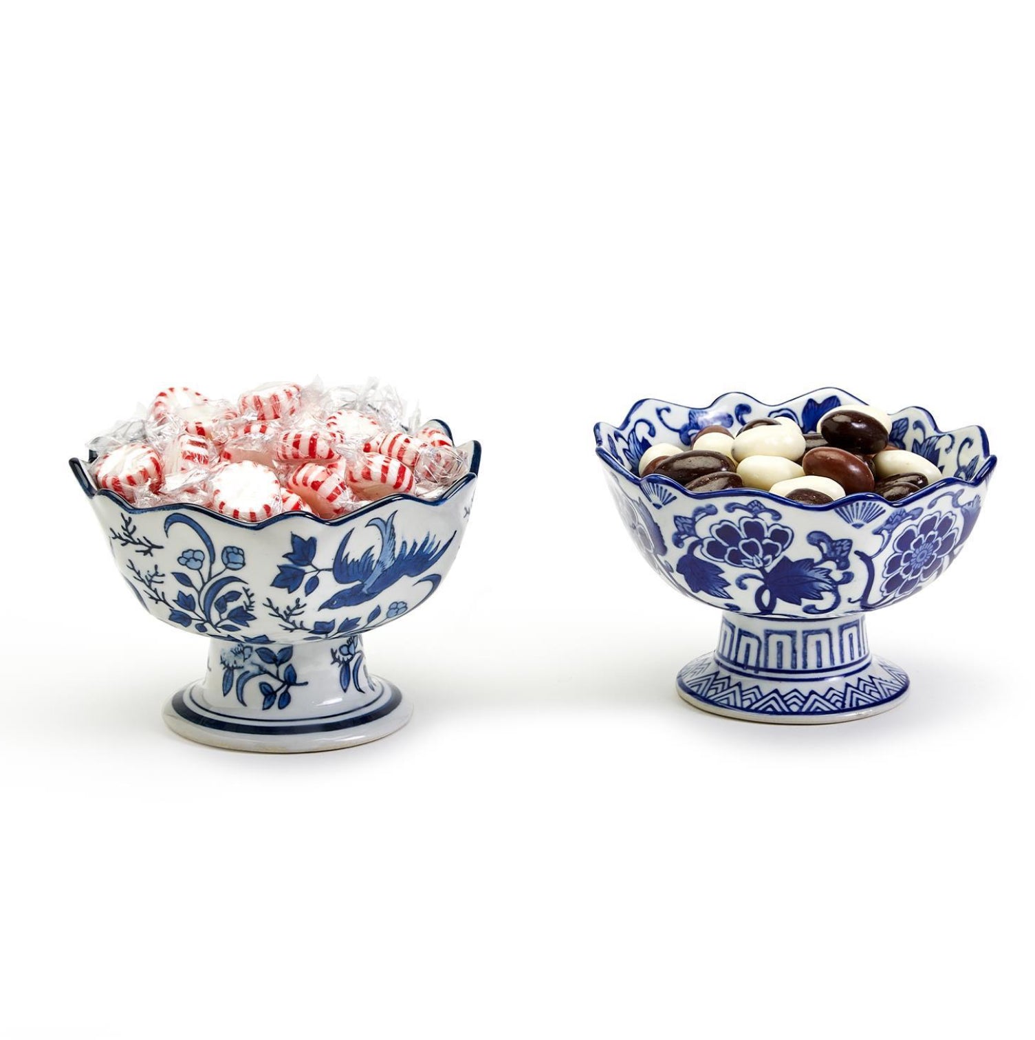 Blue and White Scalloped Edge Hand-Painted Footed Bowl - Assorted Patterns