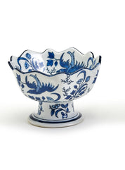 Blue and White Scalloped Edge Hand-Painted Footed Bowl - Assorted Patterns