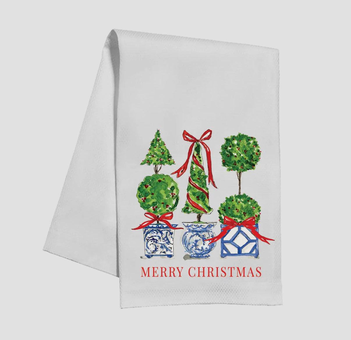 Kitchen Towel- Merry Christmas Topiaries in Blue Pots