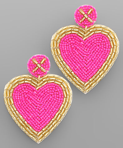 Beaded Heart Earrings- Hot Pink & Gold