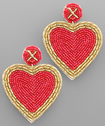Beaded Heart Earrings- Red & Gold