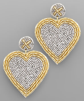 Beaded Heart Earrings- Silver & Gold