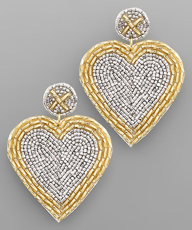 Beaded Heart Earrings- Silver & Gold
