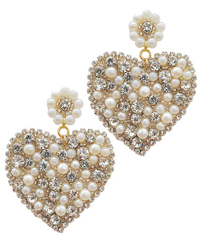 Beaded Crystal & Pearl Heart Earrings