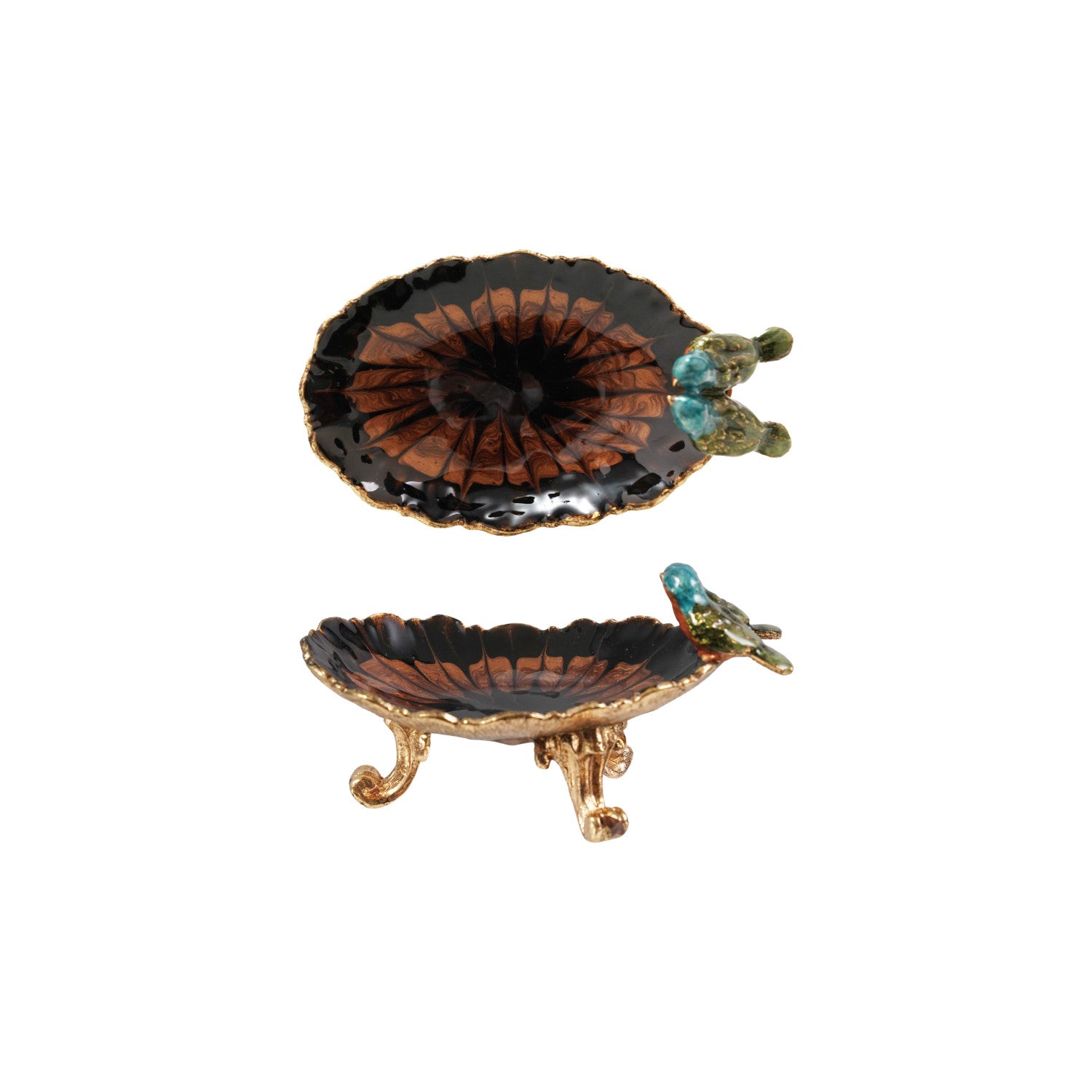 Enameled Metal Footed Jewelry Dish w/ 3D Birds
