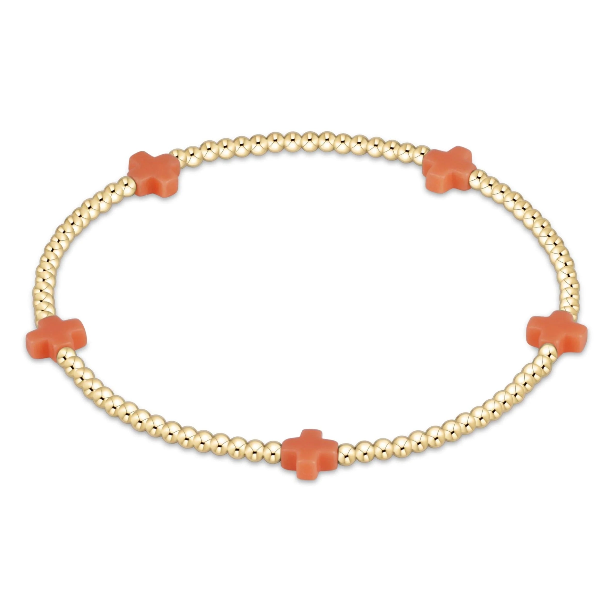 Signature Cross Small Gold Pattern 2mm Bead Bracelet - Coral