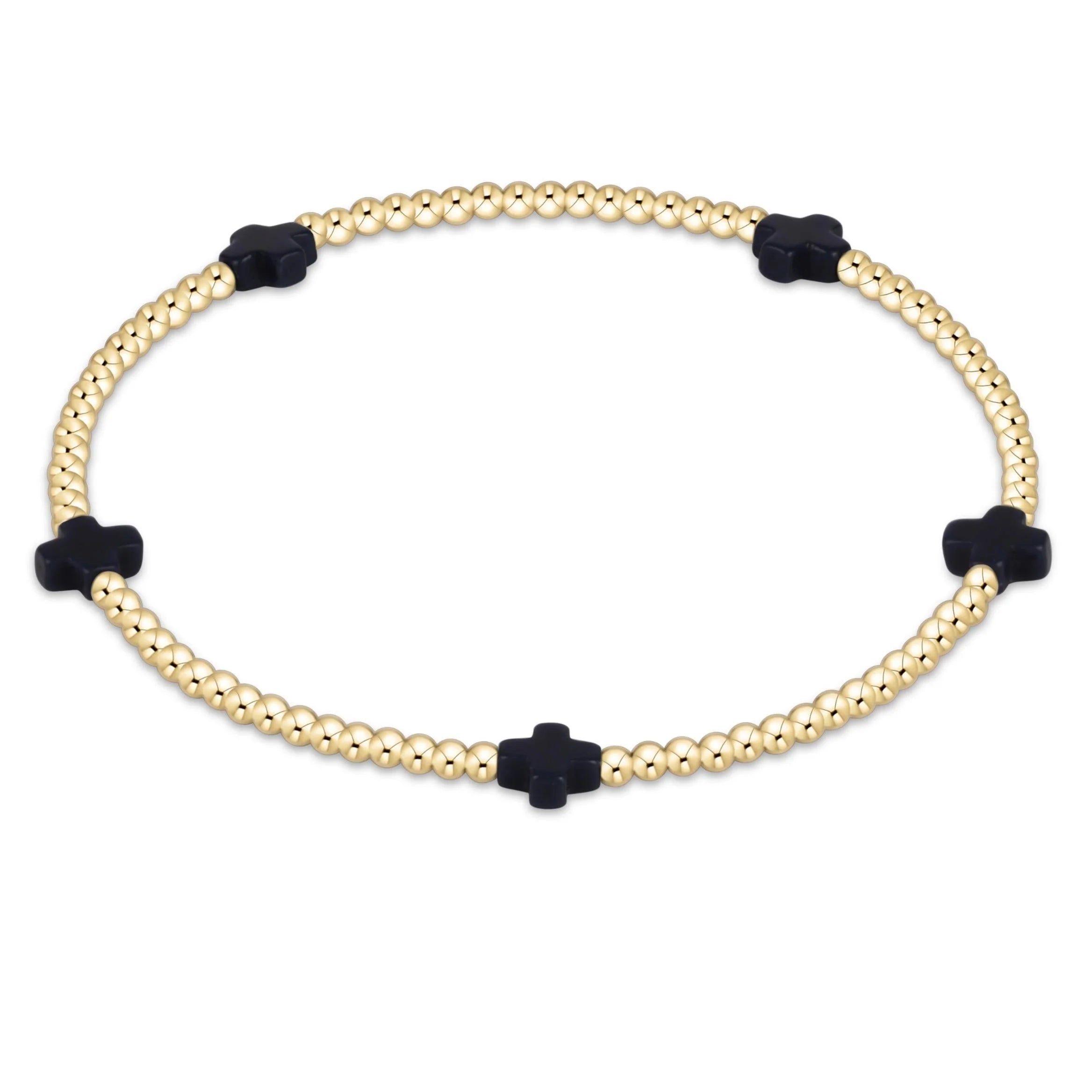 Signature Cross Small Gold Pattern 2mm Bead Bracelet - Navy