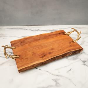 Wood Tray With Gold Antlers