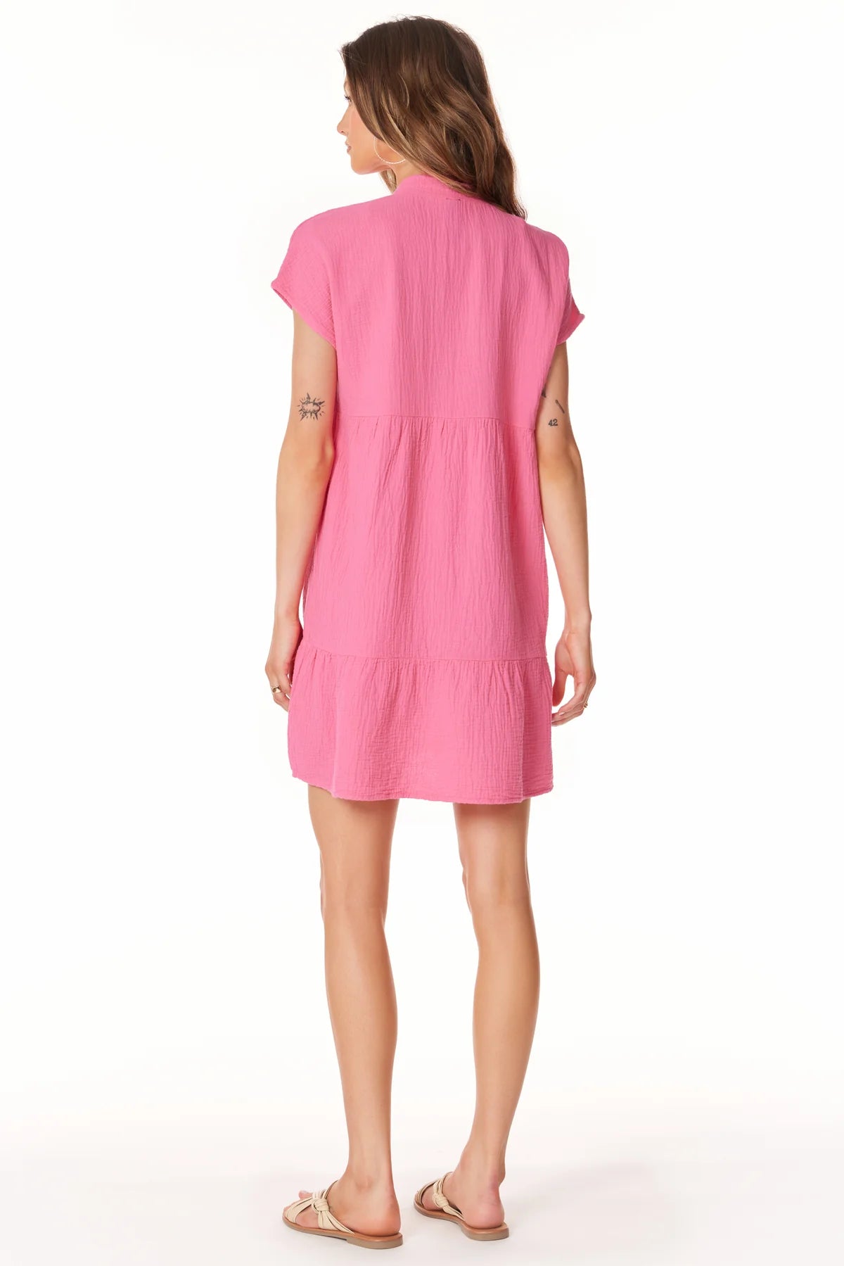 Bobi -Tiered V Neck S/S Dress - Tropical Pink