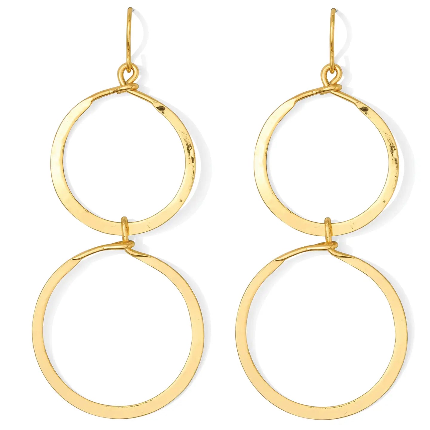 Long Lightly Hammered Double Open Circle Earrings / Gold