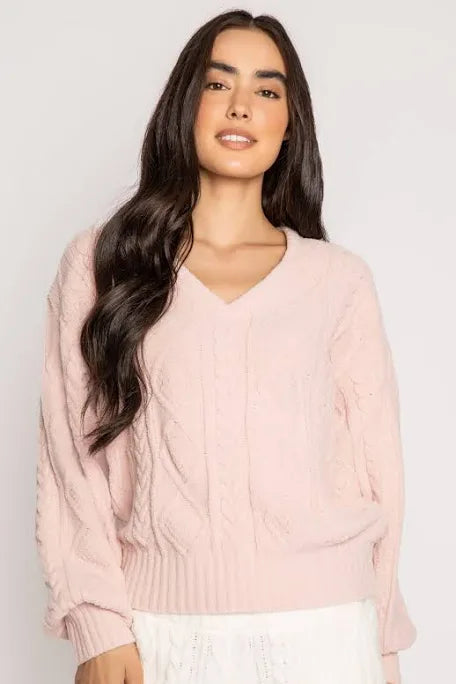 PJ Salvage Cable Crew V-Neck Top- Pink Clay