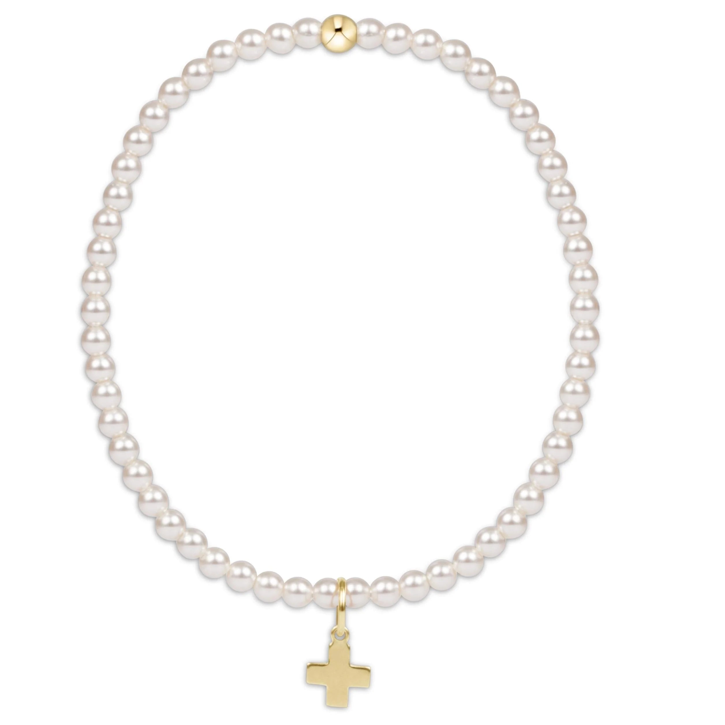 Classic Pearl 3mm Bead Bracelet -Signature Cross Gold Charm