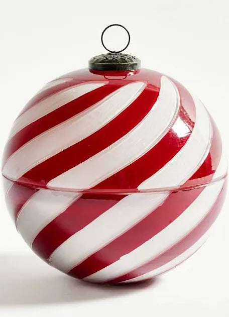 Red & White Striped Glass Ornament Candle/Large- Cranberry Spice