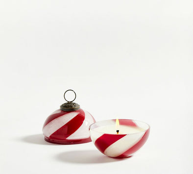 Red & White Striped Glass Ornament Candle/Small- Winter Wood