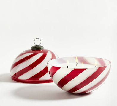 Red & White Striped Glass Ornament Candle/Large- Winter Wood