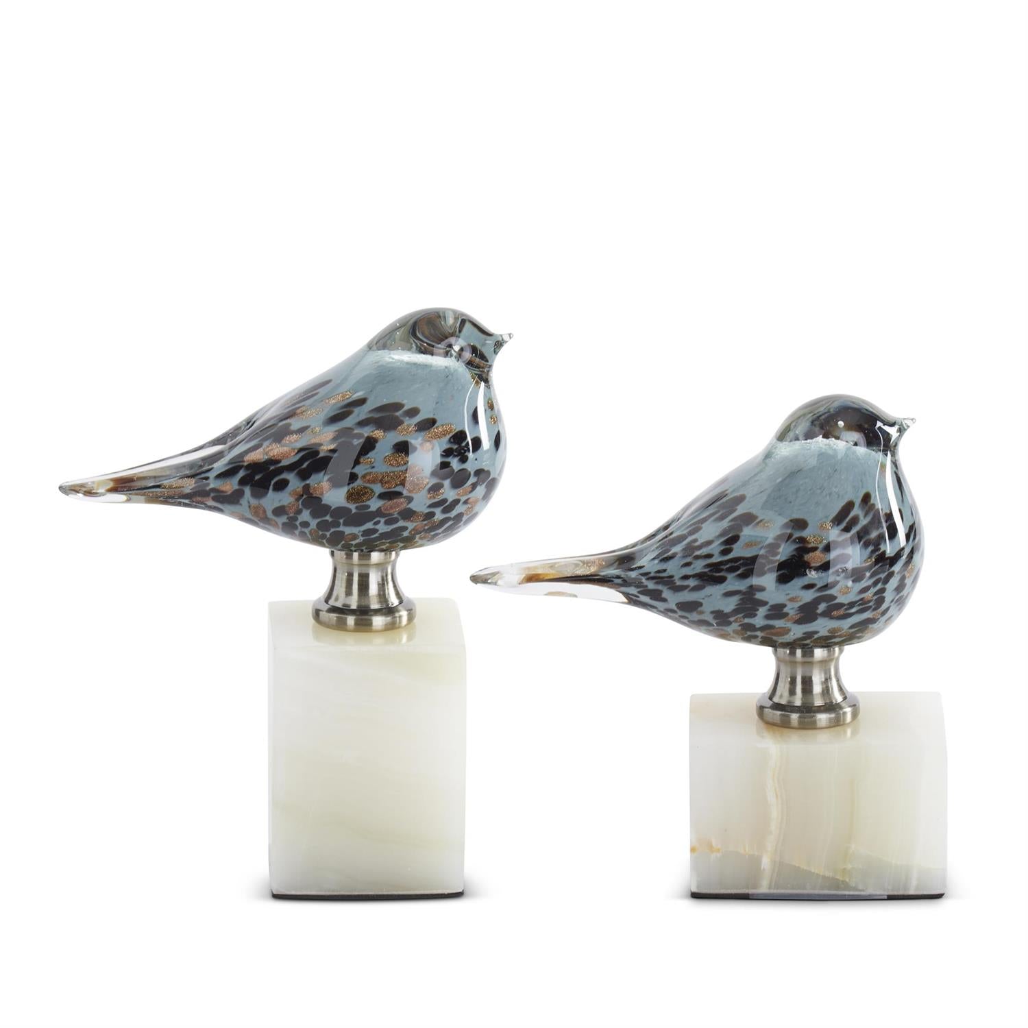 Blue Glass Birds on White Square Marble Bases/ set of 2