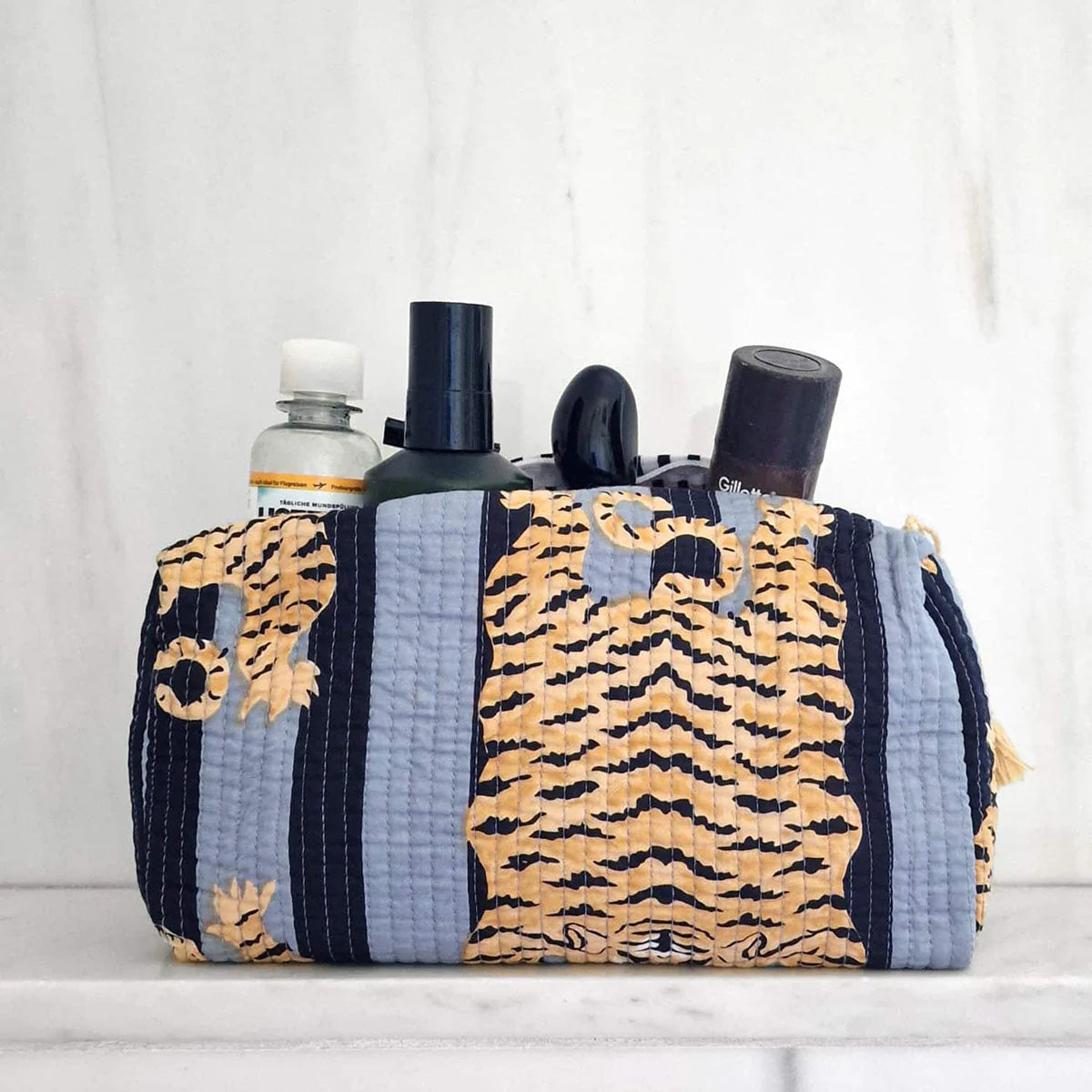 QUILTED MAKEUP BAG/COSMETIC BAG: SET OF 3- TIGER / Black & Grey