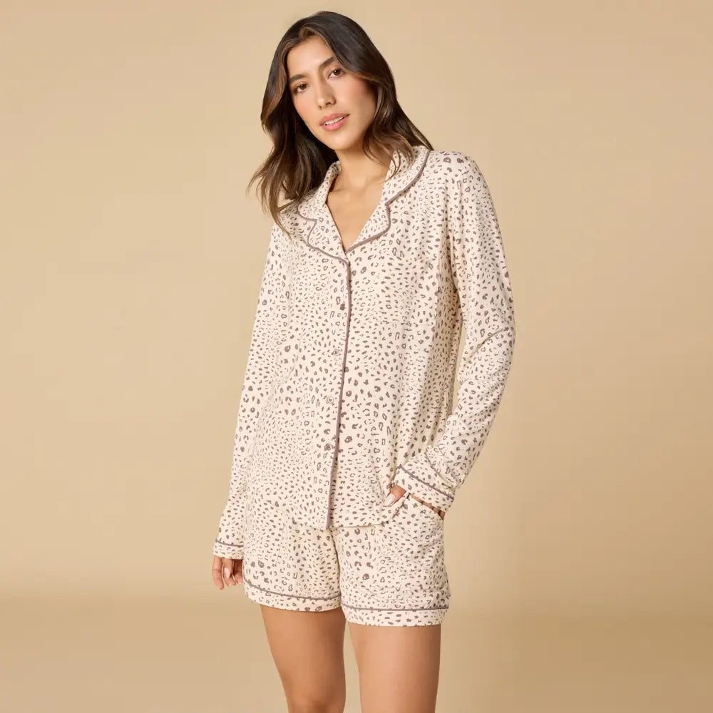 Aria- Slim Notch Collar Long Sleeve Short Set