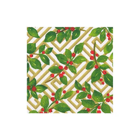 Caspari Cocktail Napkin - Holly And Fretwork White