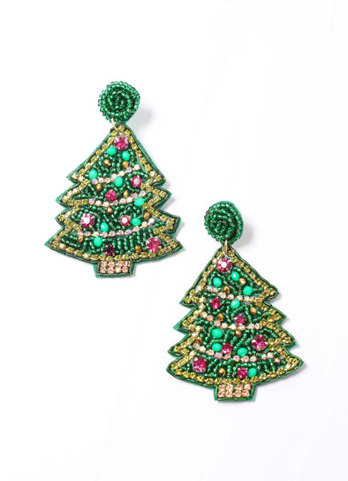 Beaded Christmas Tree Earring - Green