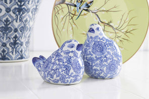 Set Of 2 Blue And White Chinoiserie Porcelain Sitting Birds