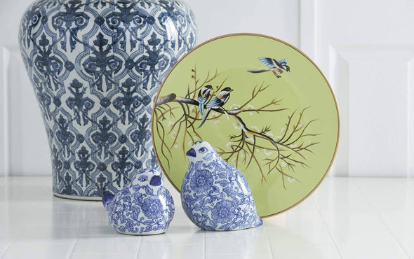 Set Of 2 Blue And White Chinoiserie Porcelain Sitting Birds