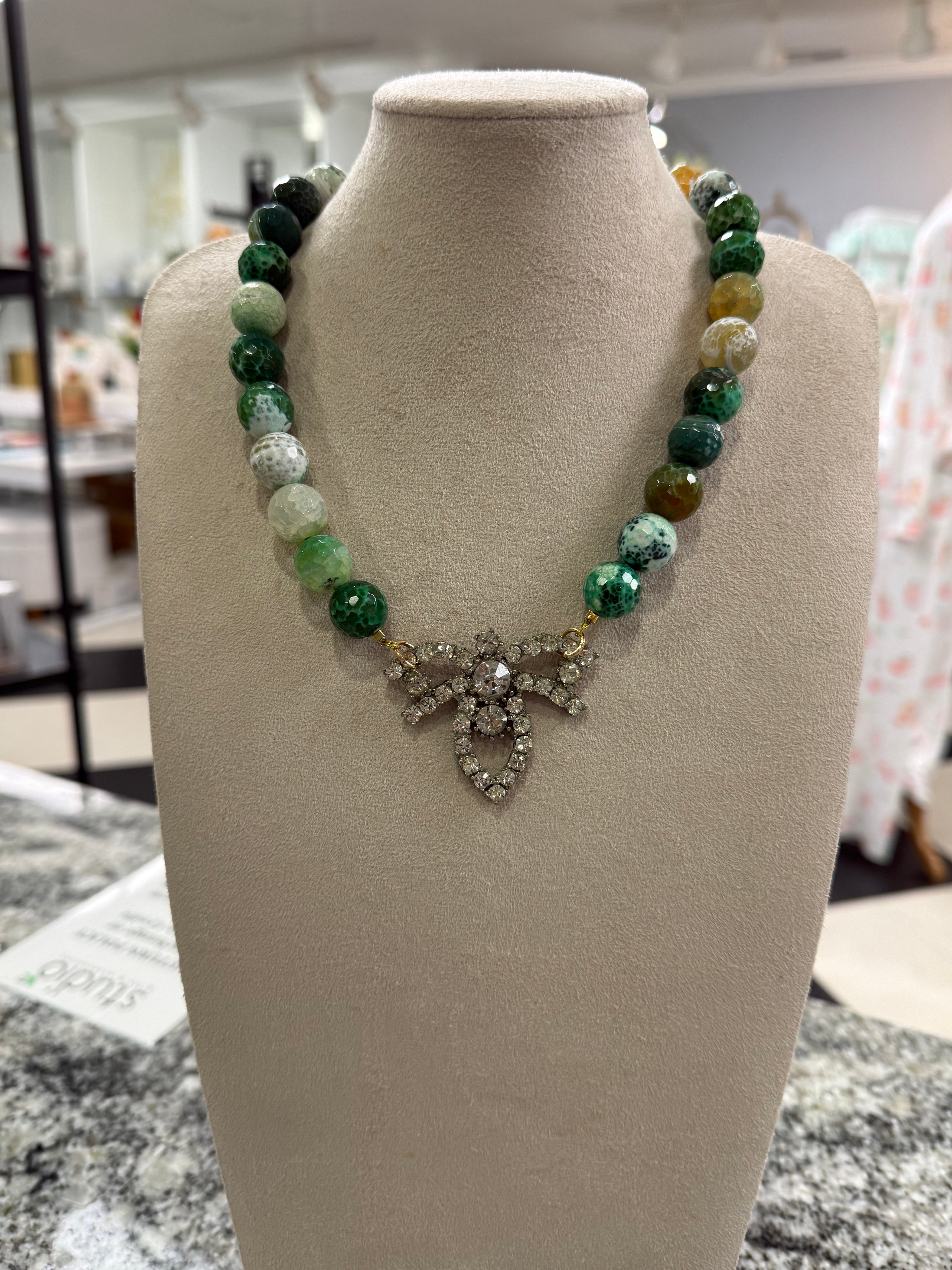 Agate Beaded Necklace w/ Bee Brooch