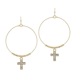 Gold Beaded Hoop with Crystal Cross Earring