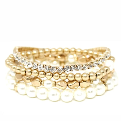 Pearl, Pave Crystal, and Gold Stretch Bracelets