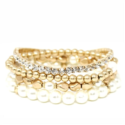Pearl, Pave Crystal, and Gold Stretch Bracelets