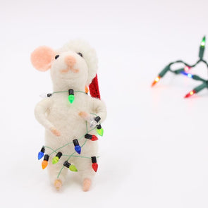 Felt Mouse With Holiday Lights & Santa Hat