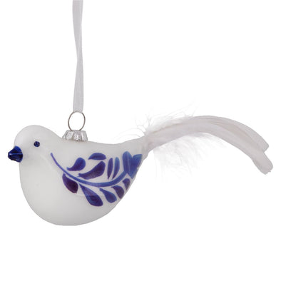 Glass White Bird with Blue Vines and Feather Tail Ornament