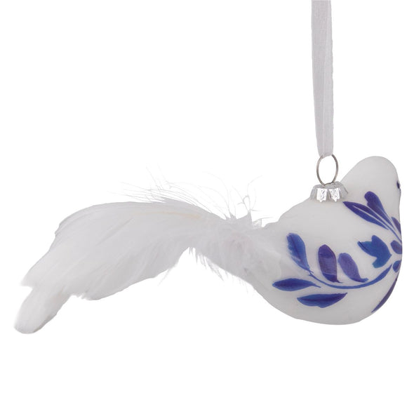 Glass White Bird with Blue Vines and Feather Tail Ornament