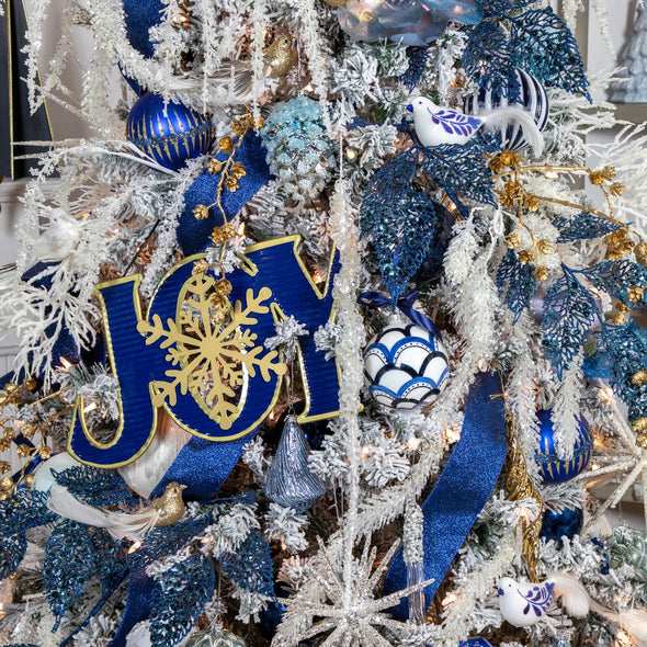 Glass White Bird with Blue Flowers and Feather Tail Ornament