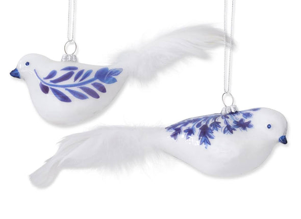 Glass White Bird with Blue Flowers and Feather Tail Ornament