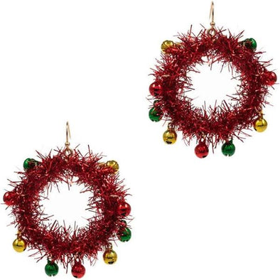 Christmas Wreath with Bells Earrings- Red
